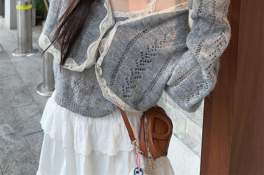 Lace Trim Pointelle Knit Cami Top / V-Neck Cardigan Product Image