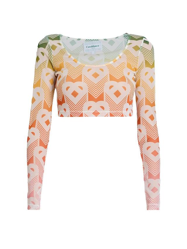 Rainbow Logo Printed Mesh Scoop-Neck Long-Sleeve Crop Top Product Image