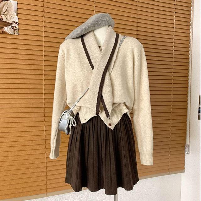 Set: Round Neck Plain Cardigan + Contrast Trim Scarf Product Image