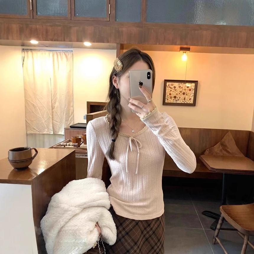 Long Sleeve Lace-Trim Bow Accent Plain Slim-Fit Knit Top Product Image