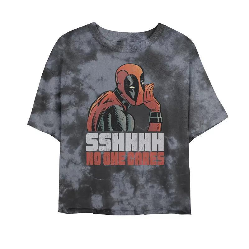 Juniors Marvel Deadpool SSShhh No One Cares Cropped Graphic Tee, Girls Black Grey Product Image