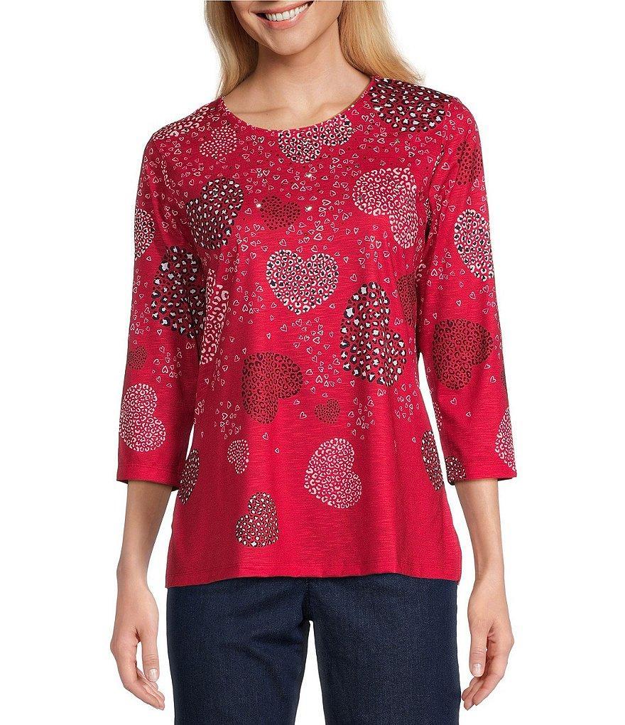 Allison Daley Petite Size Heart Print 3/4 Sleeve Crew Neck Knit Top Product Image