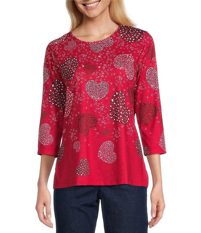 Allison Daley Petite Size Heart Print 3/4 Sleeve Crew Neck Knit Top Product Image