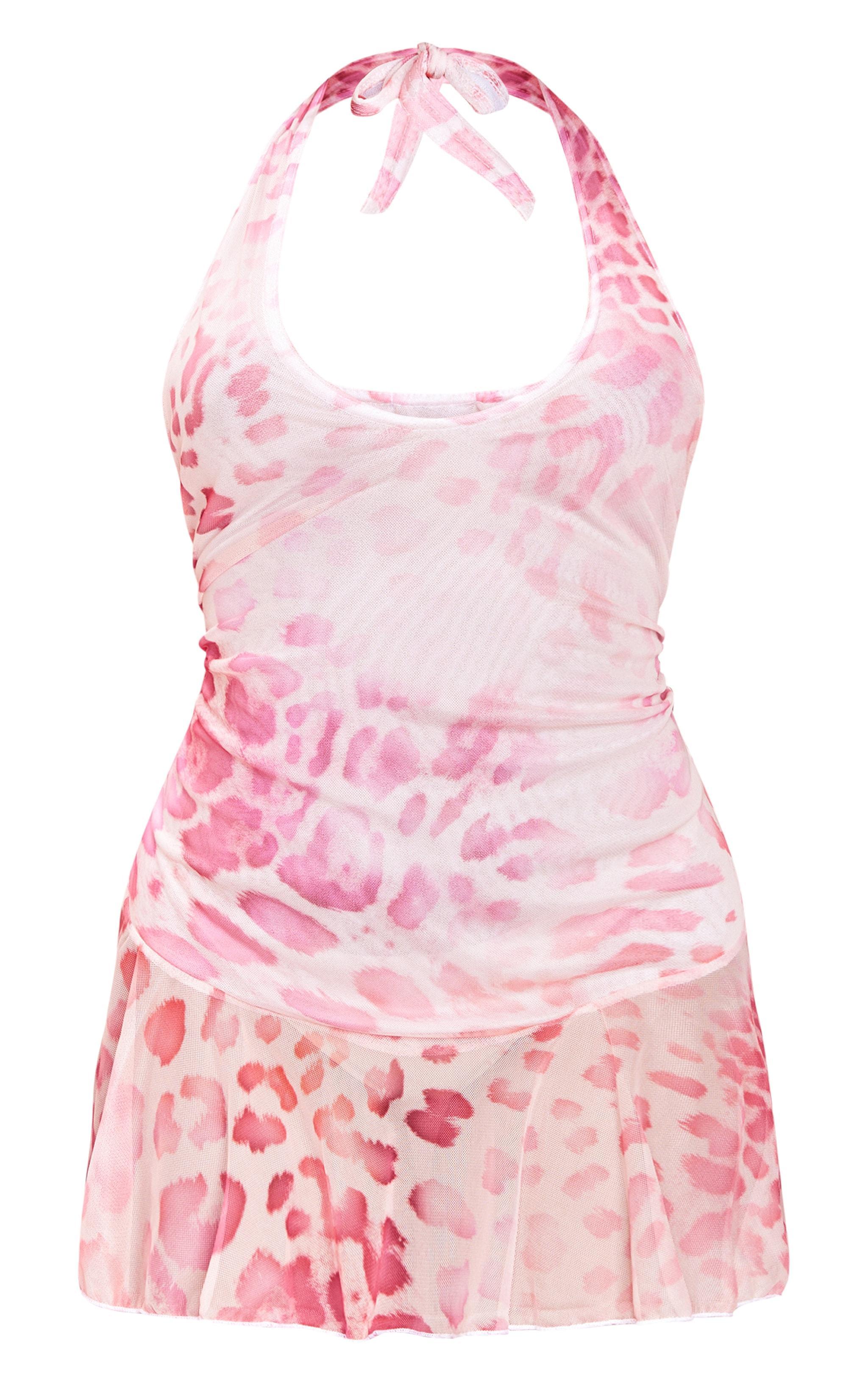 Pink Animal Print Frill Halter Neck Mesh Shift Dress Product Image