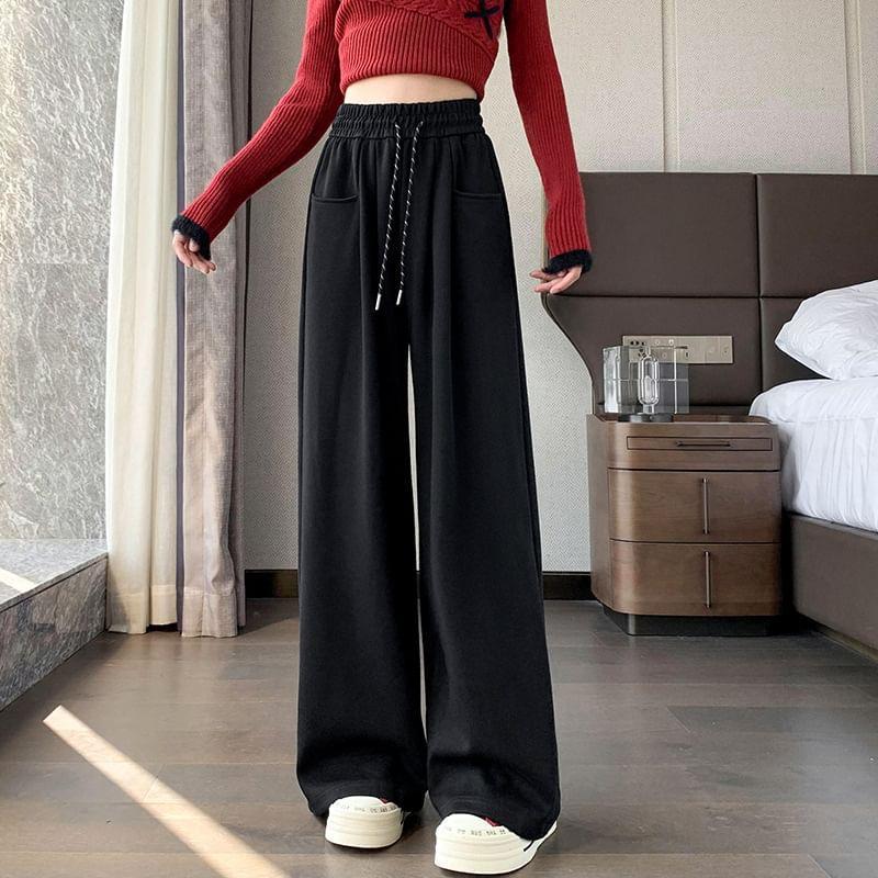 Drawstring Waist Plain Wide Leg Sweatpants Product Image