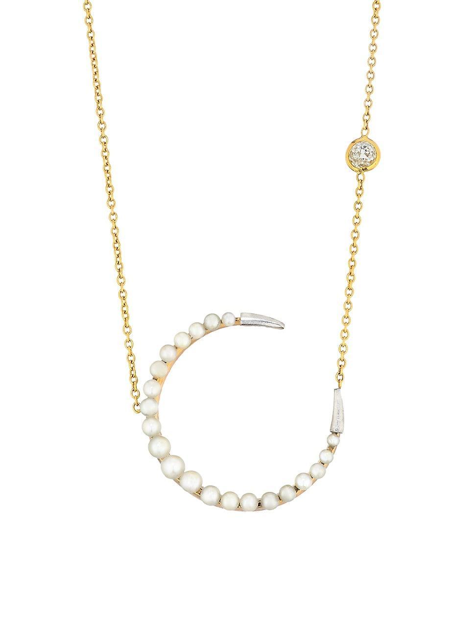 Womens 18K Yellow Gold, Natural Pearl & 0.2 TCW Diamond Crescent Moon Pendant Necklace Product Image