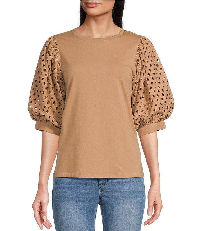 Gibson & Latimer Knit Crew Neck Short Eyelet Puff Sleeve Top Product Image