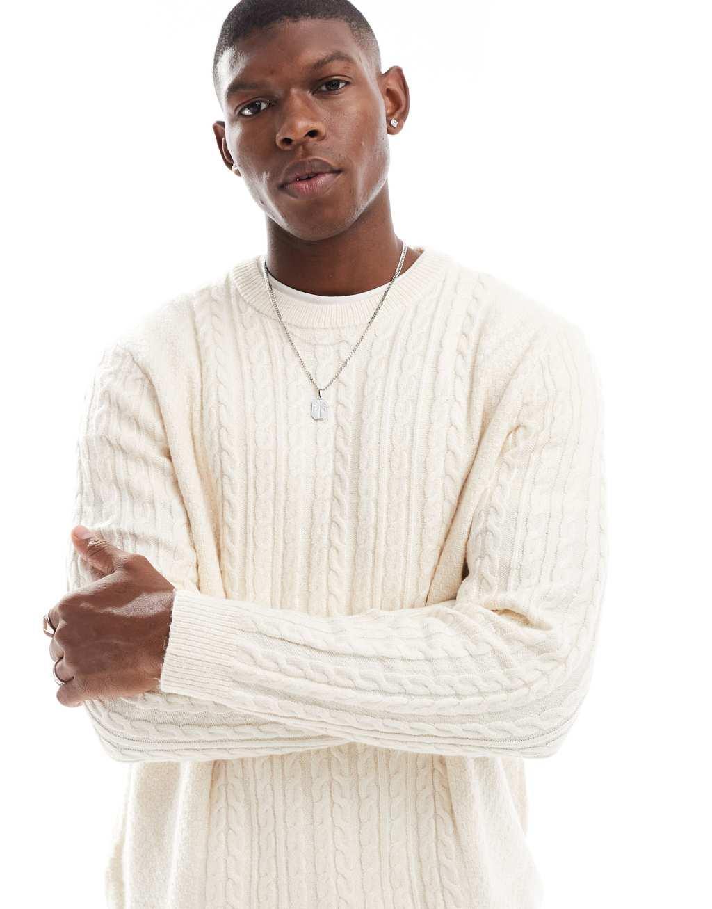 ASOS DESIGN relaxed slouchy crew neck cable knit sweater in white Product Image