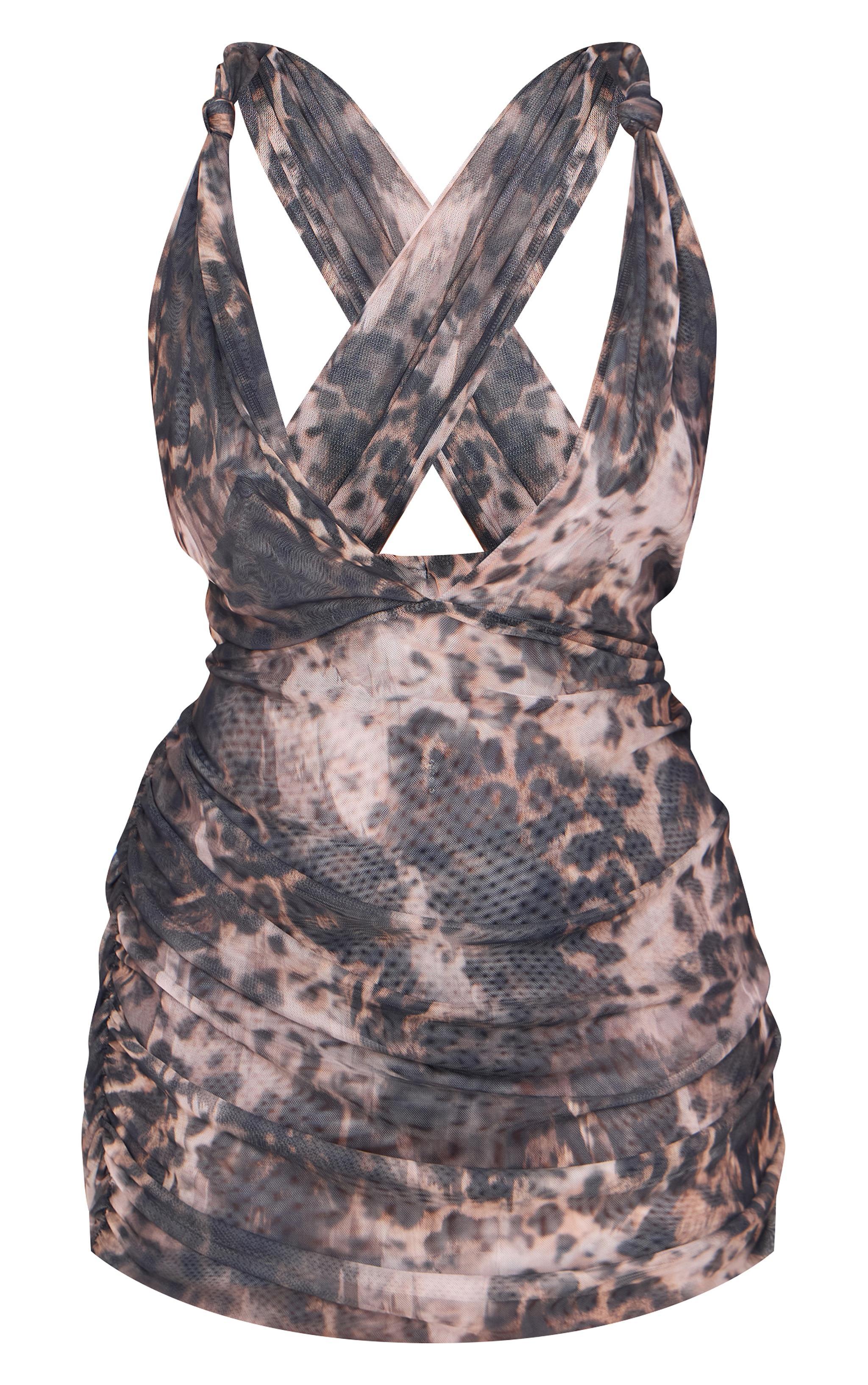 Plus Grey Leopard Double Layer Slinky Mesh Panel Bodycon Dress Product Image