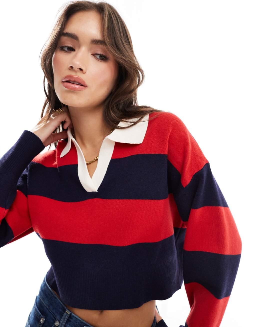 Bershka striped polo neck sweater in red Product Image