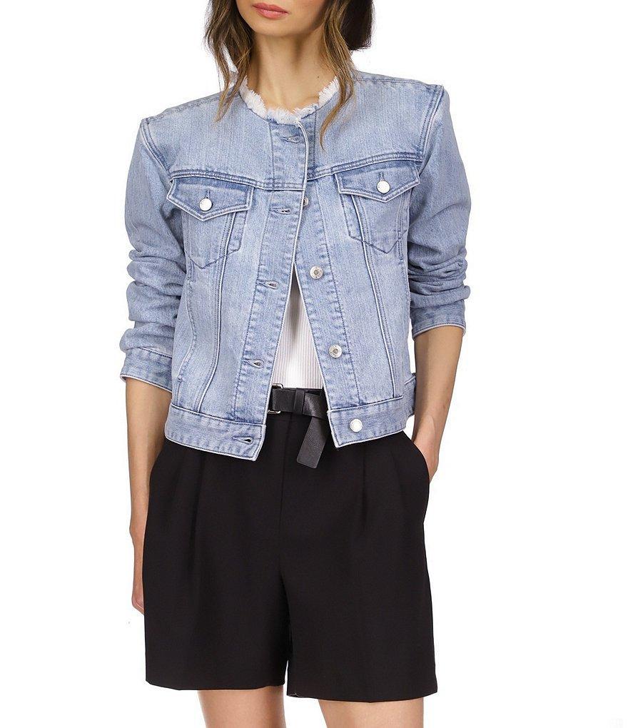 Michael Kors Denim Frayed Crew Neck Long Sleeve Button Front Jacket product image