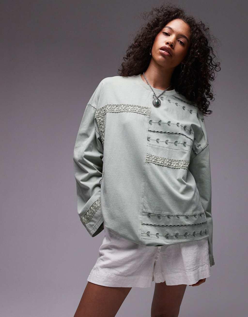 Topshop washed crochet long sleeve skater tee in sage Product Image