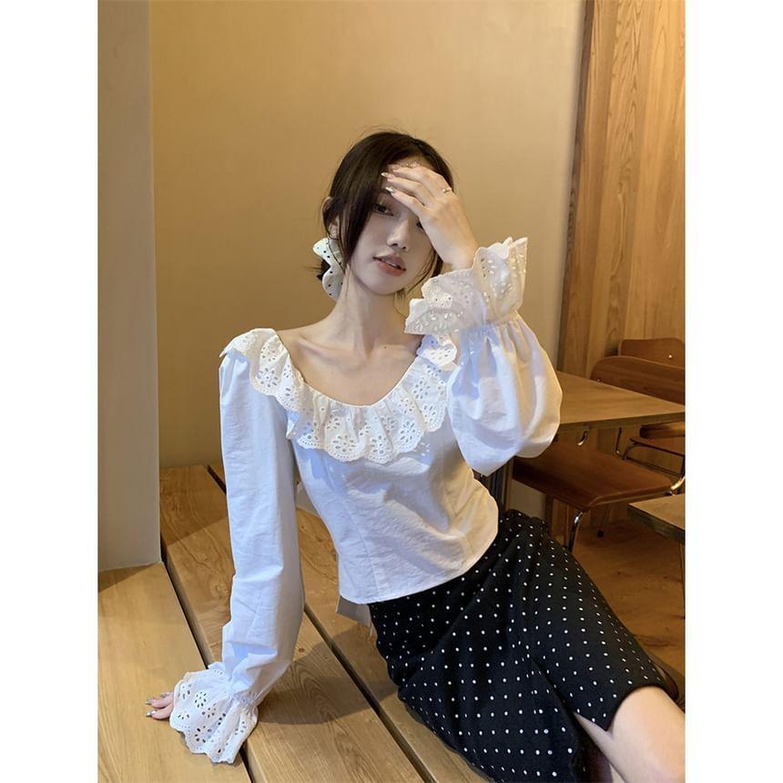 Long-Sleeve Scoop Neck Plain Bow Accent Eyelet Lace Trim Open Back Crop Blouse Product Image