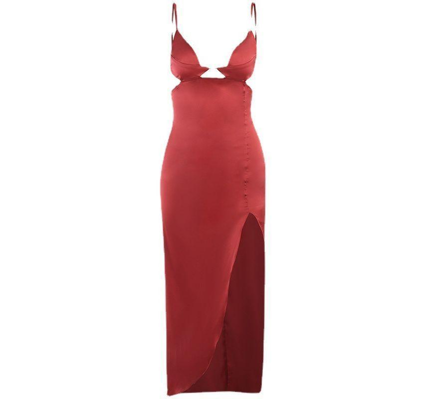 Spaghetti Strap Plain Cut-Out Satin Slit Midi Dress Product Image