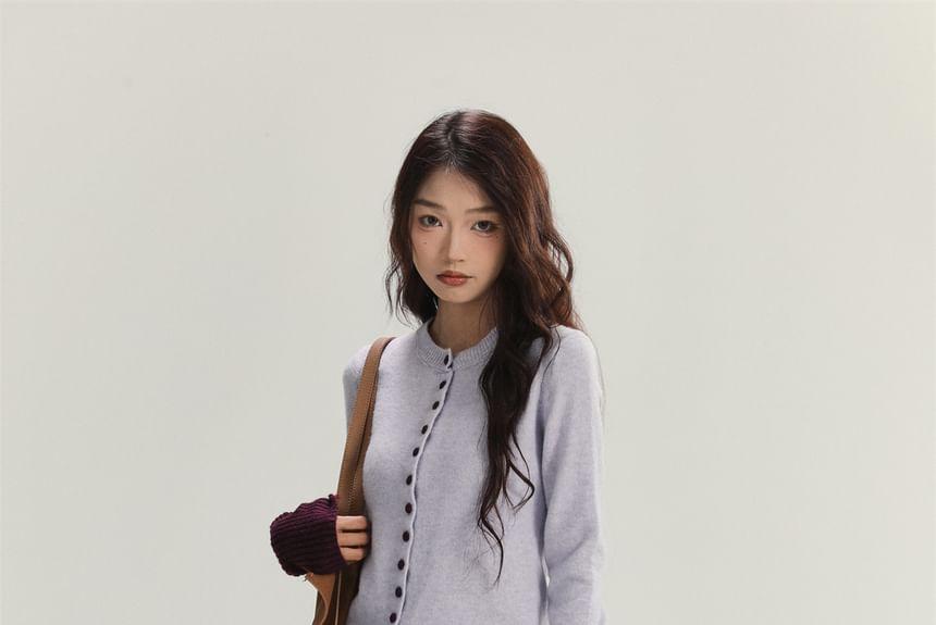 Crew Neck Two Tone Button-Up Cardigan Product Image