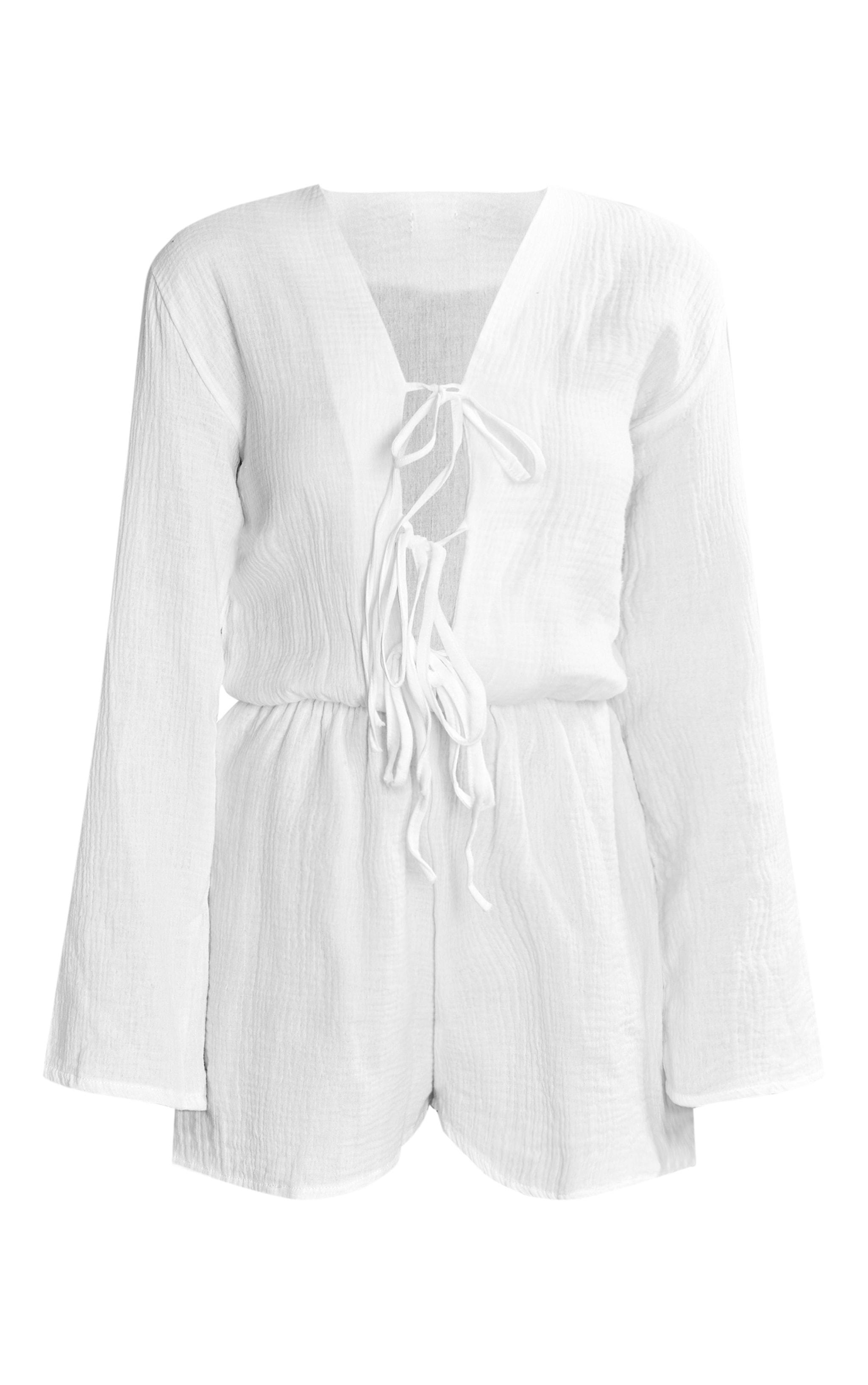 White Textured Cheescloth Tie Front Romper Product Image