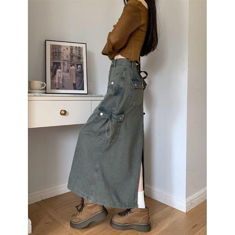 High Waist Washed Pocket Detail Back-Slit Denim Maxi A-Line Skirt Product Image