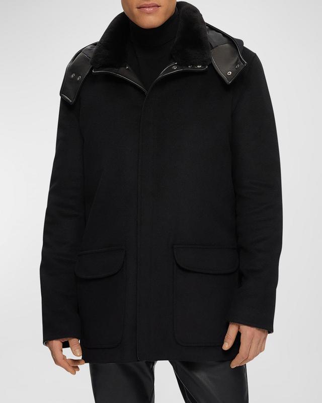 Mens Lamb Shearling Collar Brushed Wool Parka Jacket With Detachable Hood Product Image