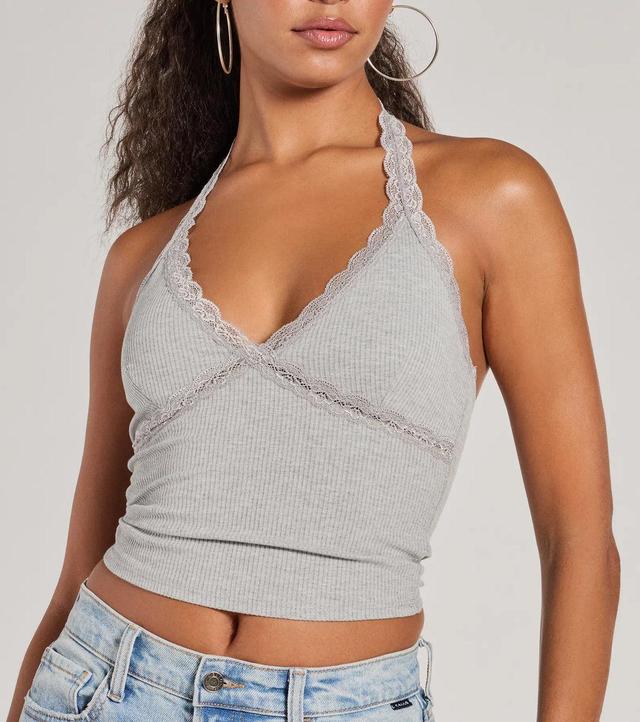 Adorably Trendy Lace Trim Knit Halter Top Product Image