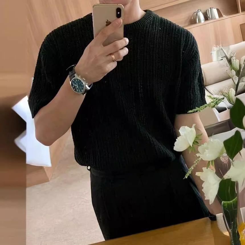 Elbow-Sleeve Crew Neck Plain Perforated Knit Top Product Image