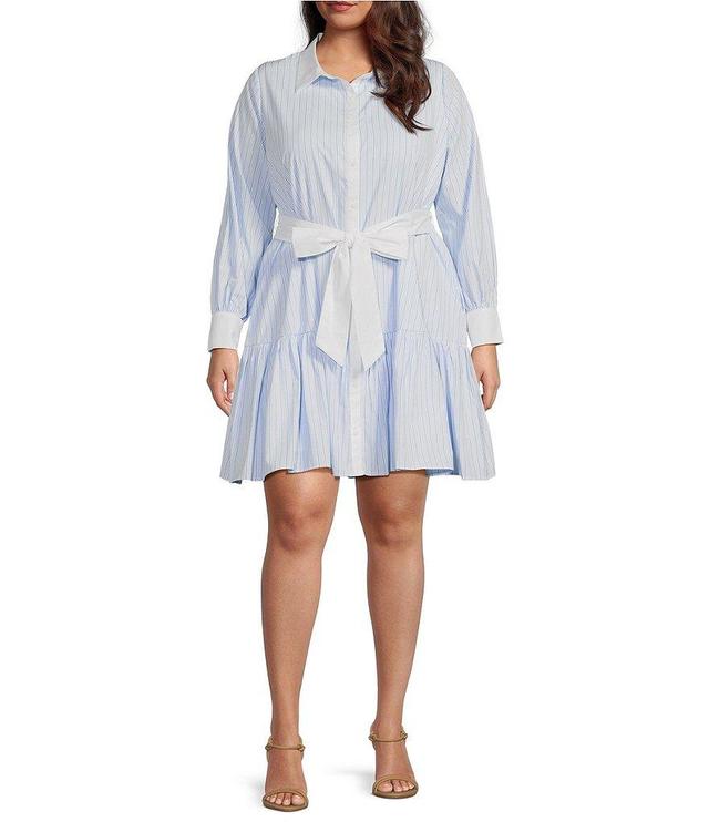 Sugarlips Plus Size Cotton Poplin Contrast Trim Point Collar Long Sleeve Button-Front Belted Tiered Shirt Dress Product Image