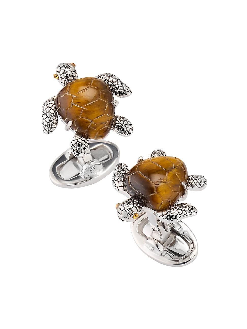 Mens Sterling Silver Hand-Carved Tigers Eye Sea Turtle Cufflinks Product Image