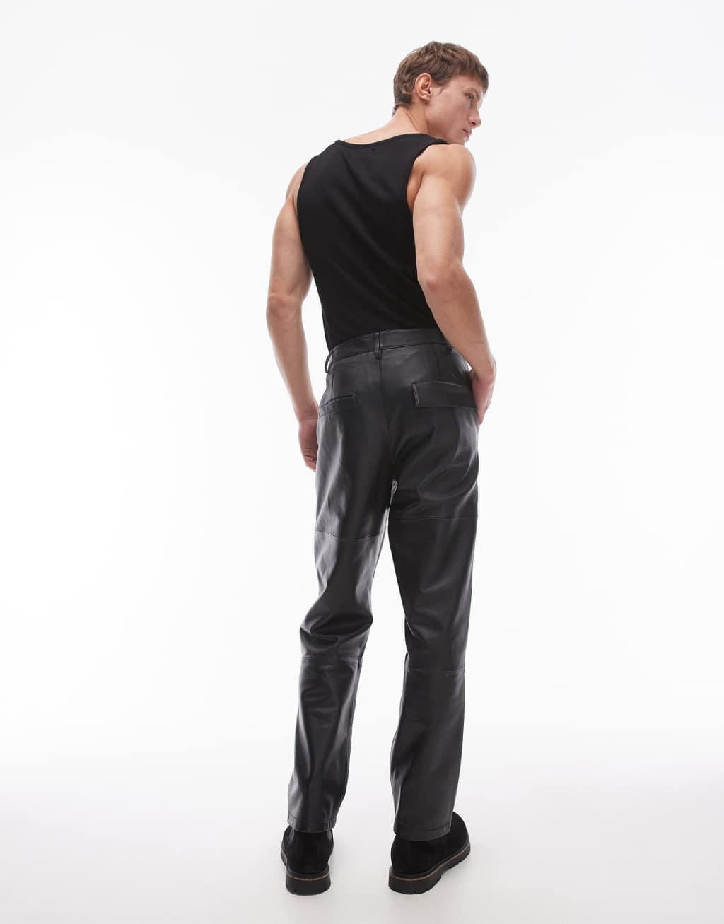 Topman premium straight leather pants in black Product Image