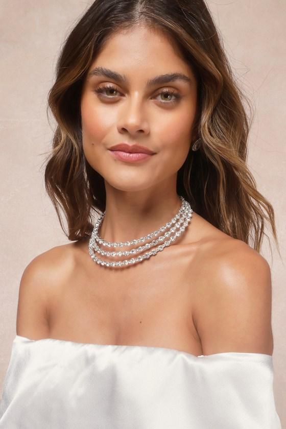 Sparkling Event Silver Rhinestone Layered Choker Necklace Product Image