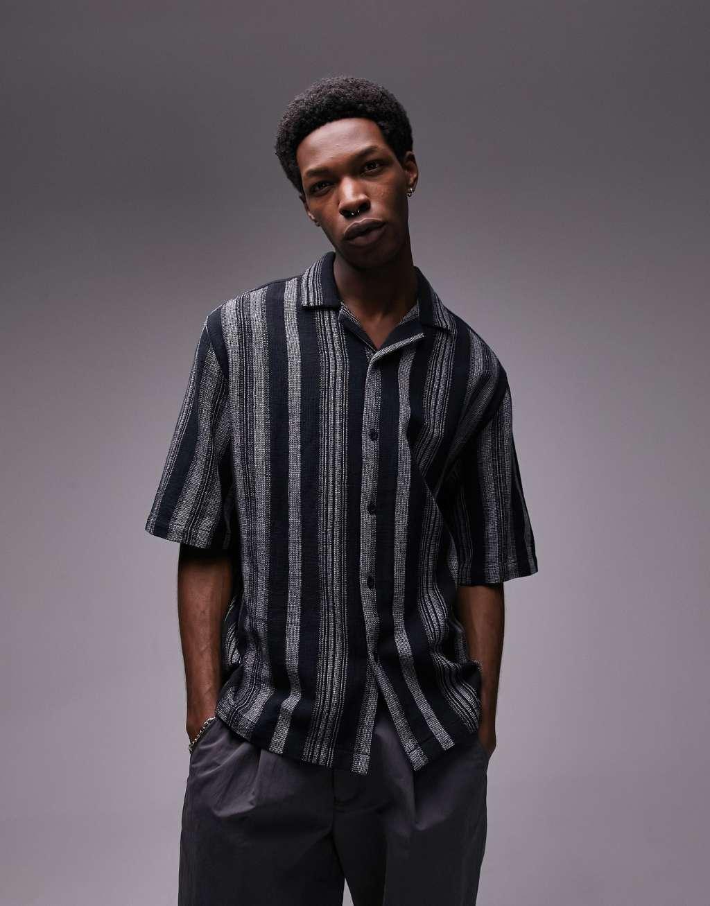 Topman short sleeve relaxed revere textured striped shirt in black Product Image