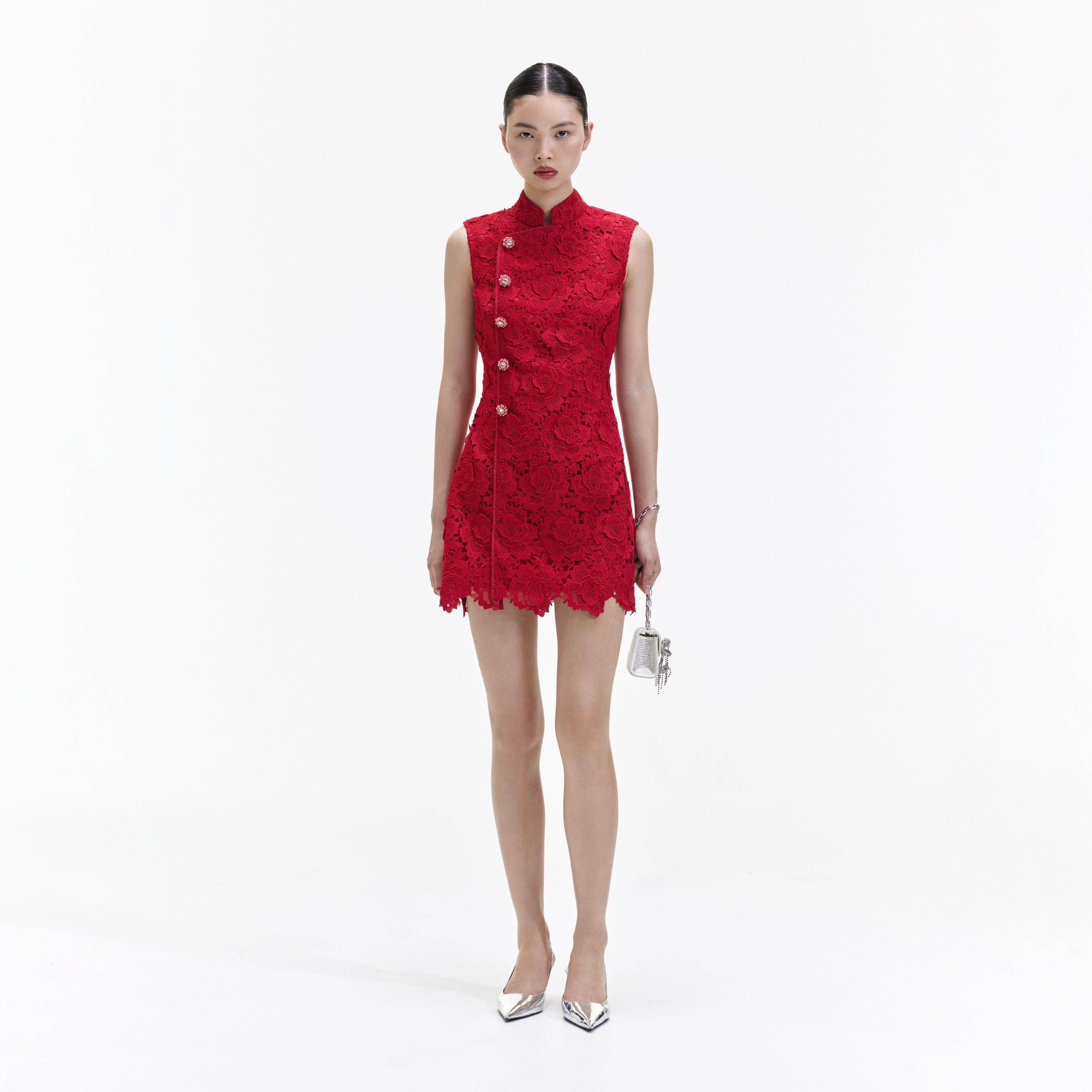 Red Flower Lace Mini Dress Product Image