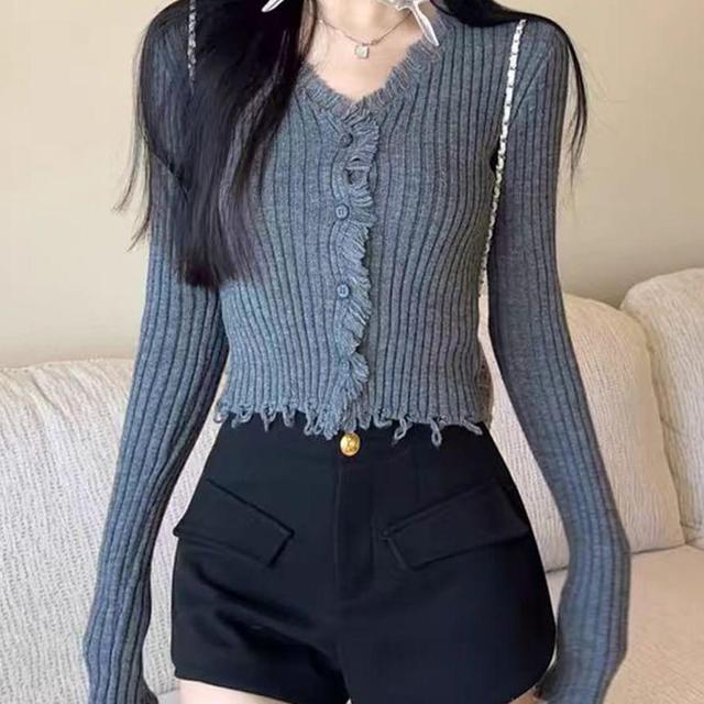 V-Neck Plain Distressed Ribbed Cardigan Product Image