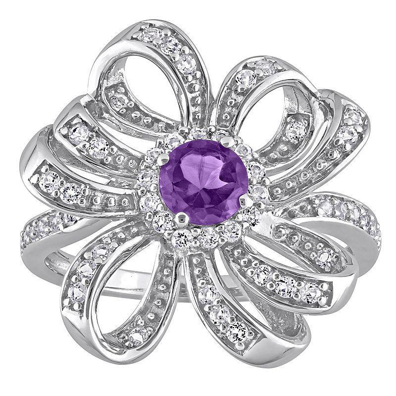 Stella Grace Sterling Silver African Amethyst & White Topaz Flower Cocktail Ring, Womens Product Image