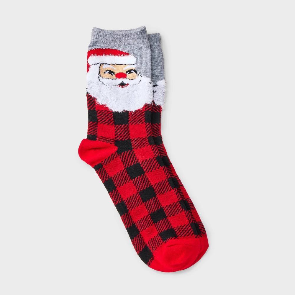 Womens Buffalo Plaid Jolly Santa Christmas Crew Socks - Wondershop RedHeather Gray 4-10 Product Image