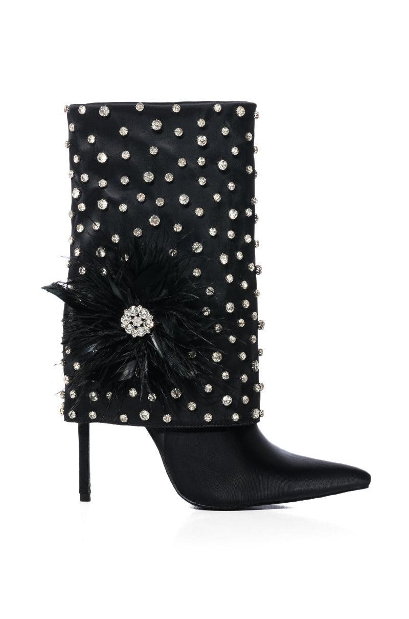 AZALEA WANG BLAISE BLACK DIAMOND STUDDED BOOT WITH FLOWER DETAIL Product Image