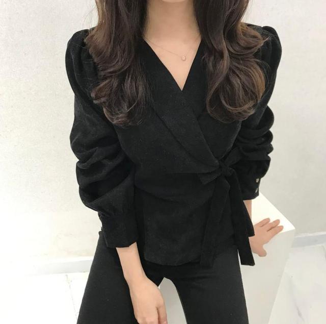 Long-Sleeve V-Neck Wrapped Top Product Image