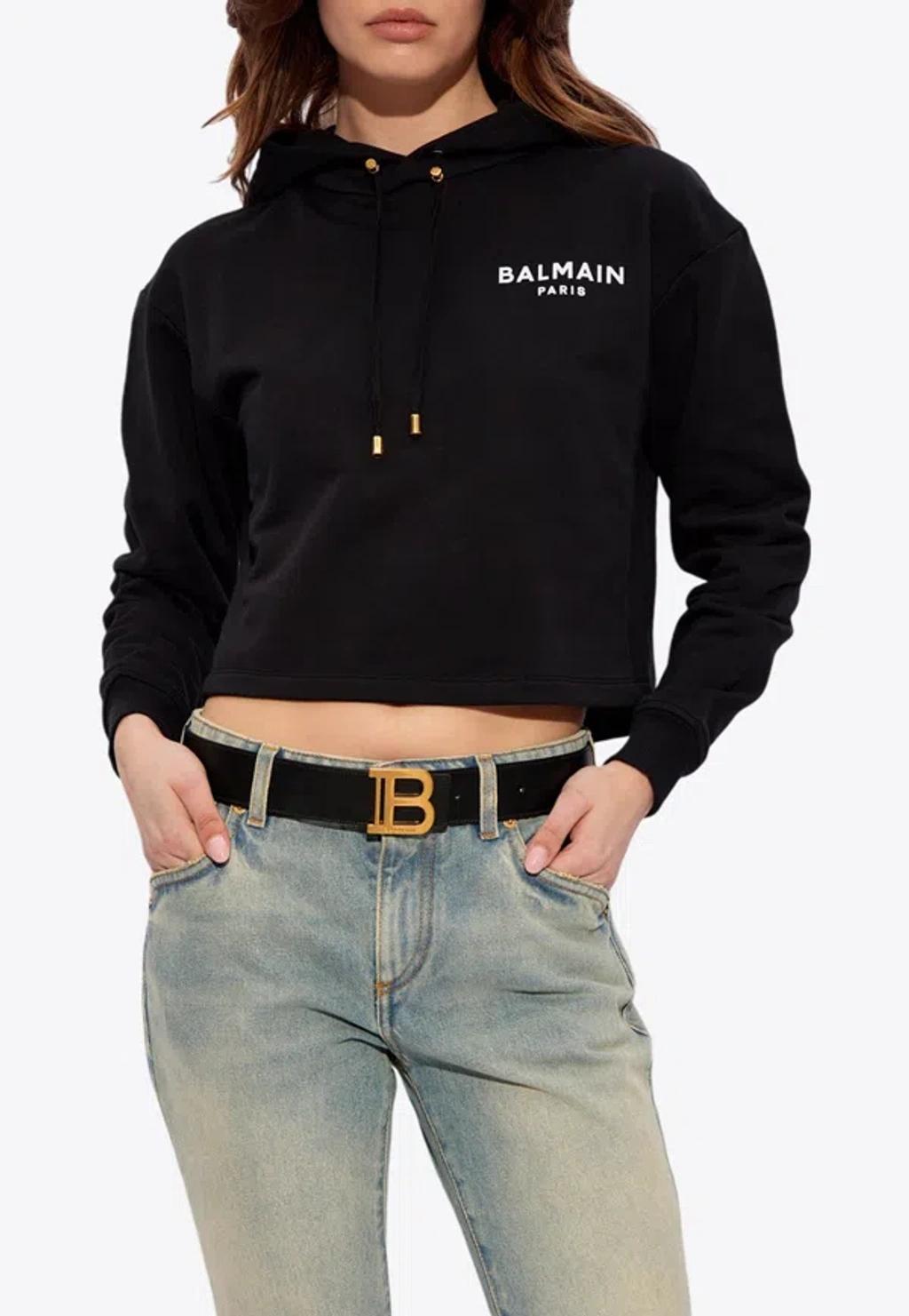 BALMAIN Black Logo Cropped Cotton Sweatshirt In Black And White Product Image