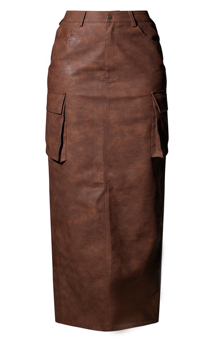 Tall Washed Brown Faux Leather Pocket Detail Maxi Skirt Product Image