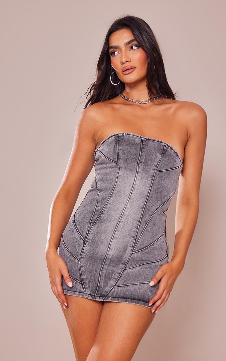 Washed Grey Seam Detail Bandeau Denim Mini Dress Product Image