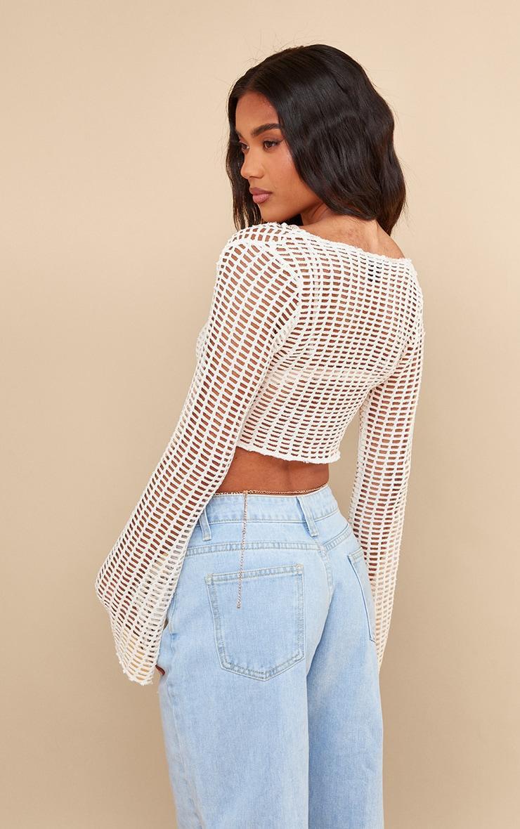 Cream Fishnet Crochet Twist Front Long Sleeve Crop Top Product Image