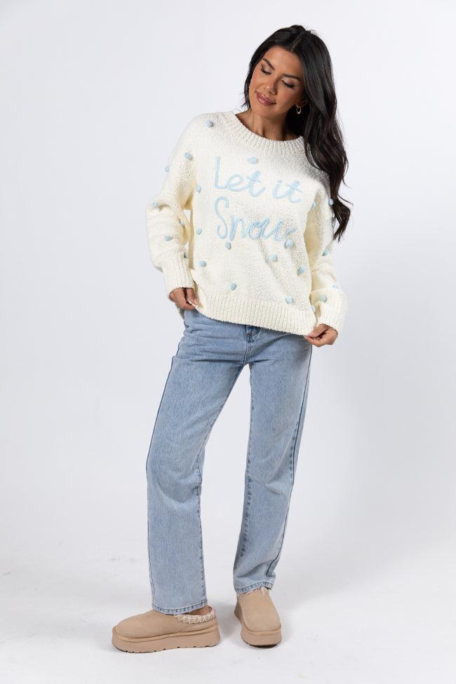 Let It Snow Ivory And Blue Fuzzy Pom Sweater FINAL SALE Product Image