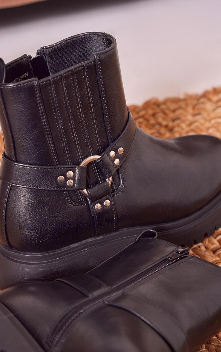 Black Wide Fit PU Buckle Detail Ankle Boots Product Image