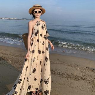 Halter Floral Print Ruffle Maxi A-Line Dress Product Image