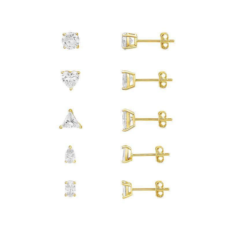 PRIMROSE Sterling Silver Cubic Zirconia 5-Pair Stud Earring Set, Womens, Yellow Gold Tone Clear Product Image