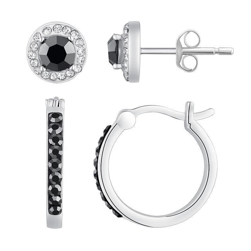 Chrystina Silver Tone Black & White Crystal Stud & Hoop Earring 2-piece Set, Womens Product Image