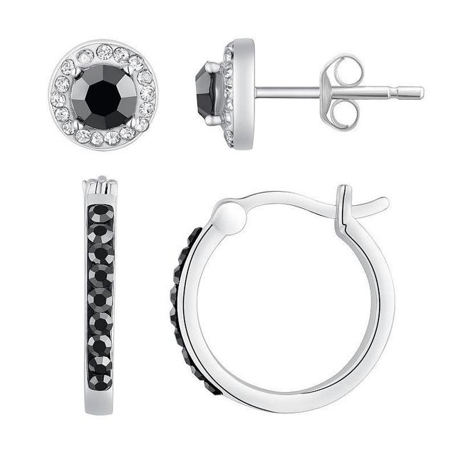 Chrystina Silver Tone Black & White Crystal Stud & Hoop Earring 2-piece Set, Womens Product Image