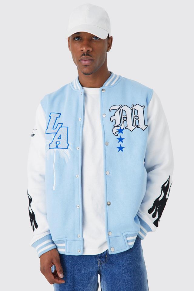 Mens Blue La Badge Jersey Varsity Bomber Jacket, Blue Product Image