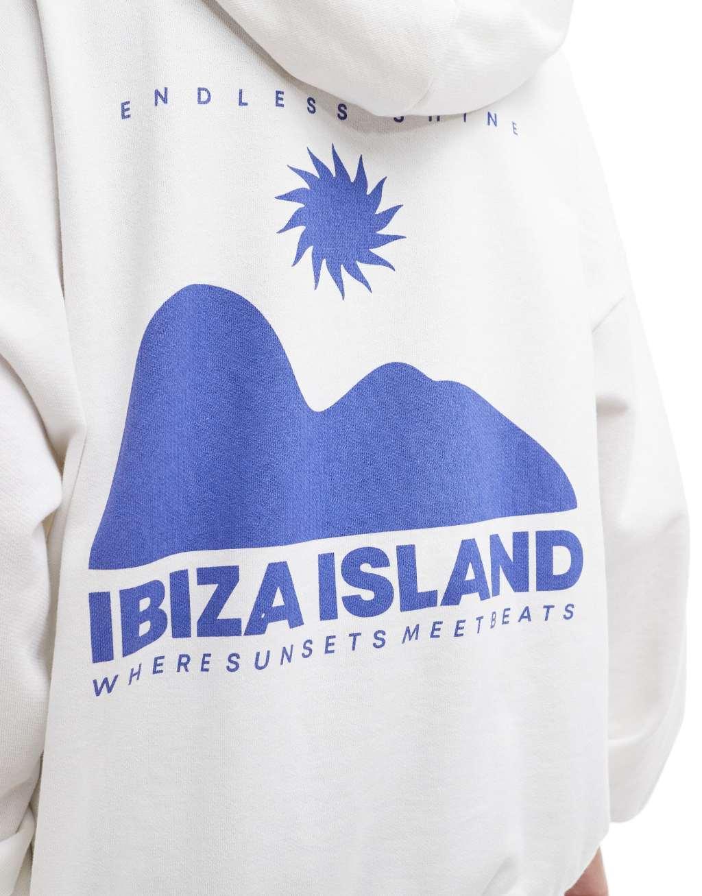 Pull&Bear Ibiza graphic oversized hoodie in white Product Image