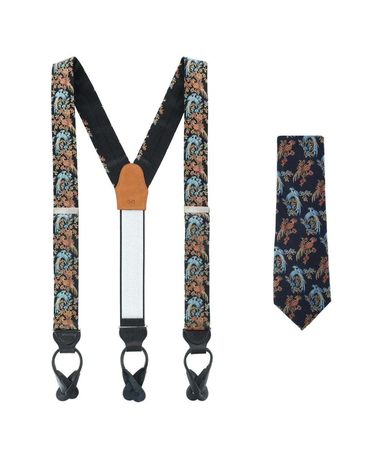 Trafalgar Birds of Prosperity Silk Button End Suspenders and Necktie Set - Black Product Image