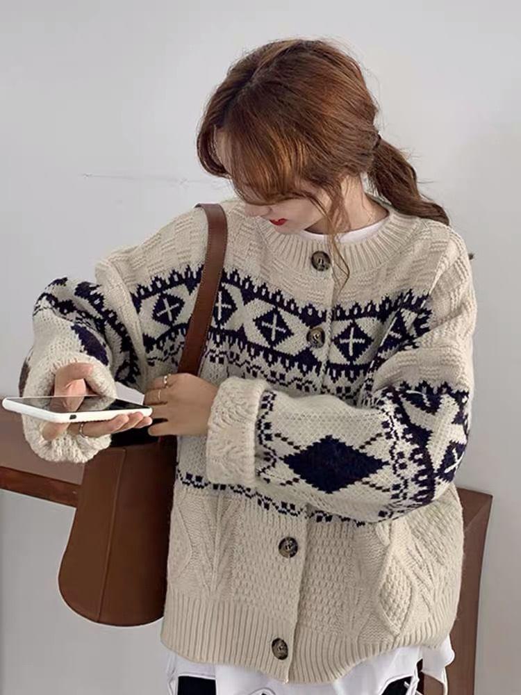 Round Neck Jacquard Cardigan Product Image