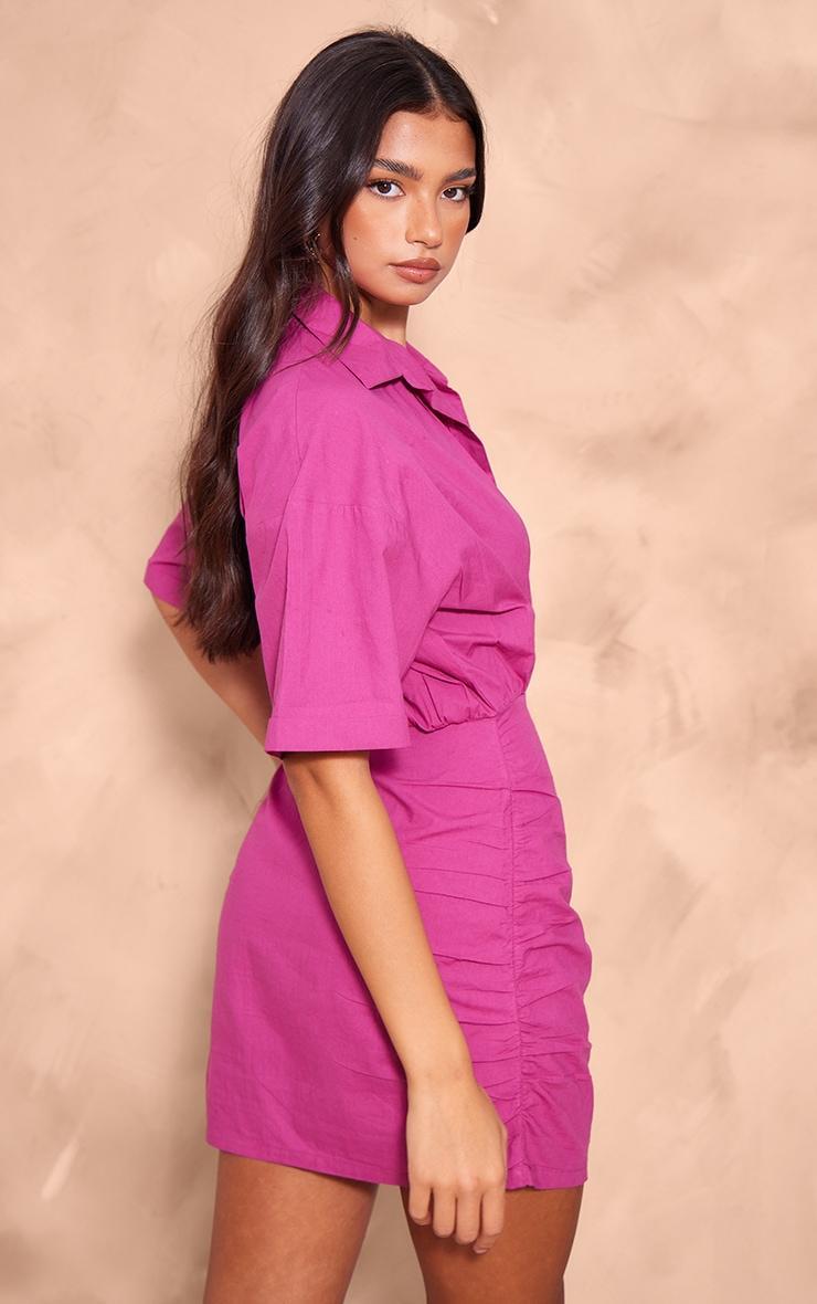 Hot Pink Cotton Poplin Ruched Shirt Dress Product Image